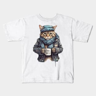 Cat wearing a jackets holding a cup coffee Kids T-Shirt